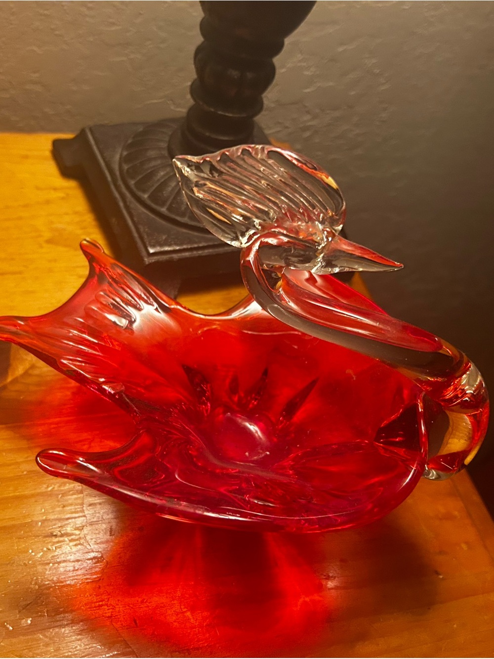 Red Orange Art Glass Bowl with Clear Accent